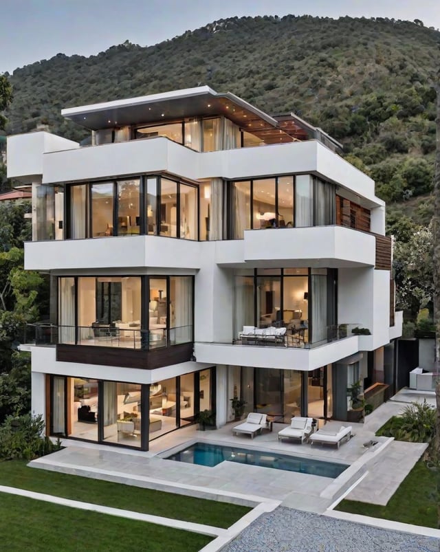 A large, modern white house with a pool and patio area. The house has multiple levels and a large glass wall, giving it a spacious and open feel. The pool is surrounded by chairs, providing a comfortable spot to relax and enjoy the outdoors.