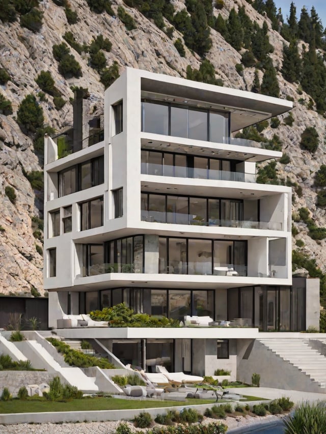 A modern house exterior with a large glass wall and a mountain in the background. The house has a spacious patio with chairs and a dining table.