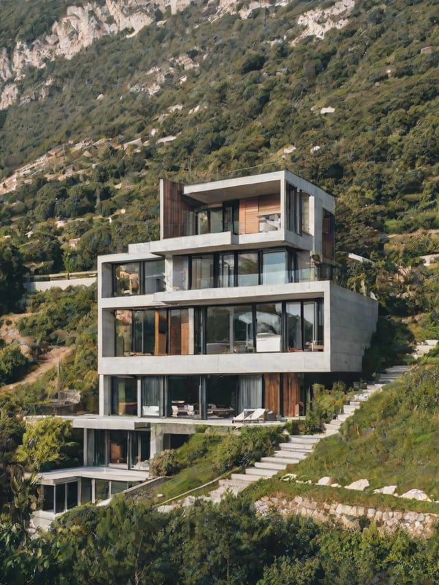 A modern house with a large deck and stairs, surrounded by greenery and a forest.