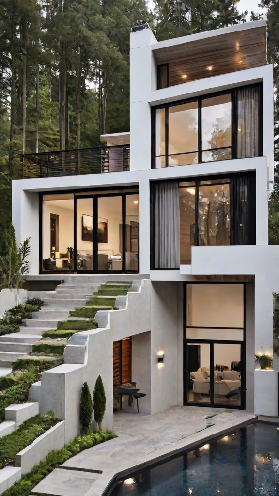 A modern house exterior with a large window and a staircase leading up to the entrance. The house is surrounded by trees and has a balcony on the second floor.