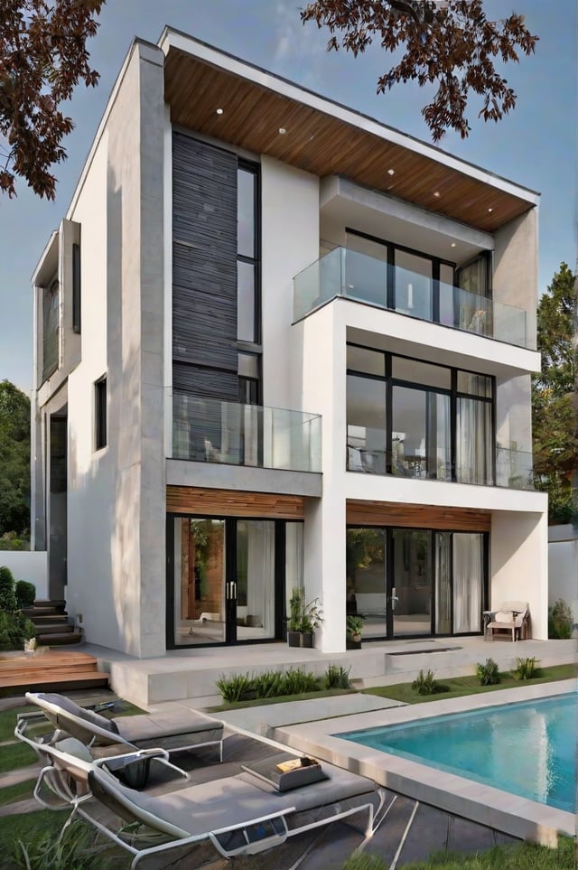 Modern house exterior with a glass balcony and a large pool in the front yard.