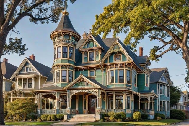 A large Victorian house with a green exterior, a steeple, and a wrap-around porch. The house is surrounded by trees and has a large front lawn.