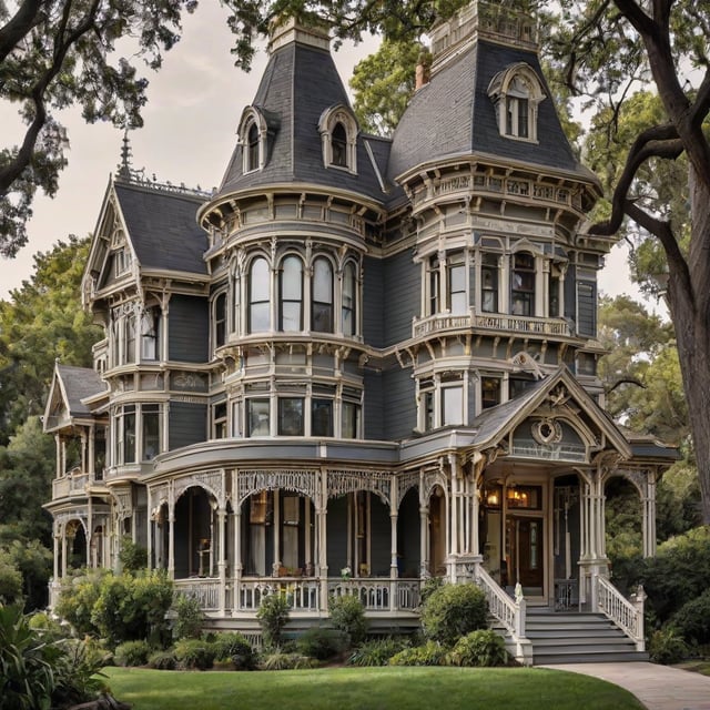 A large Victorian-style house with a wrap-around porch and a tower, painted in blue and white.