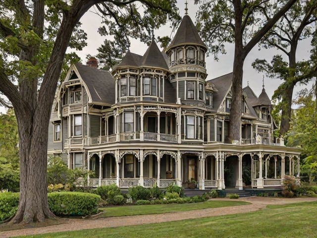 A large Victorian-style house with a wrap-around porch and a clock tower. The house is surrounded by trees and has a grassy lawn.