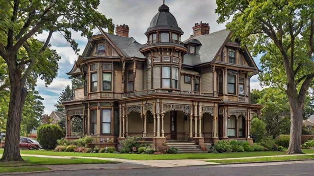 Victorian house exterior with a clock tower and a wrap around porch.