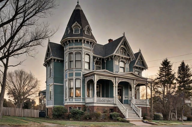 A blue Victorian house with a wrap-around porch and a steeple. The house is surrounded by trees and has a brick chimney.