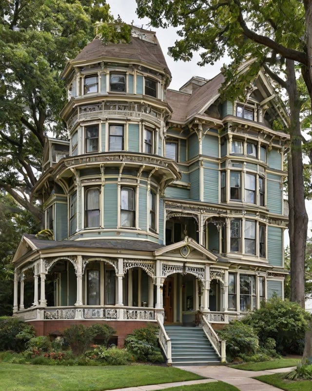 A Victorian house with a wrap-around porch and a staircase leading up to the entrance. The house is painted in a combination of blue and white, and features a steep roof with a cupola.