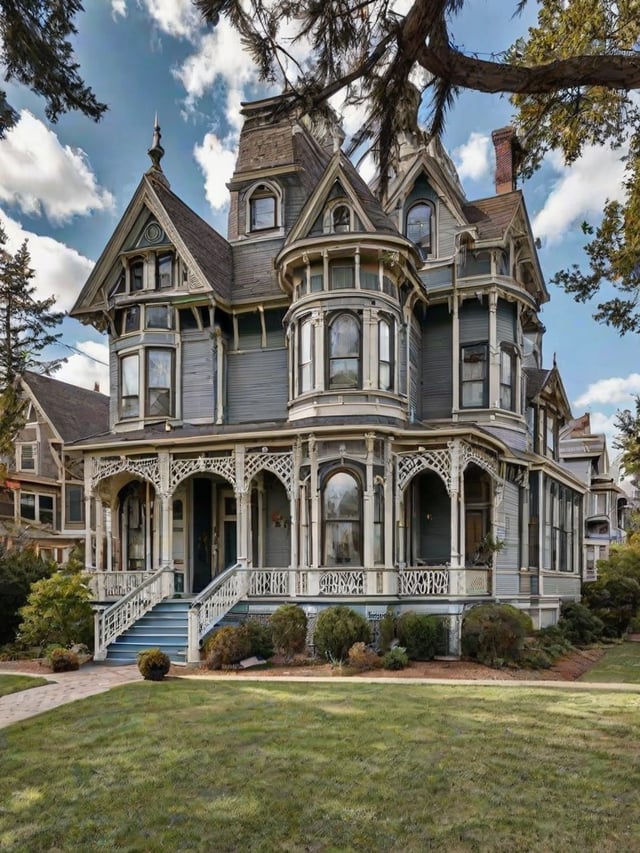 Victorian house exterior with wrap around porch and steeple