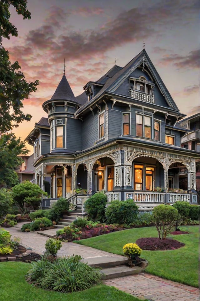 A large Victorian house with a wrap-around porch and a steep roof. The house is surrounded by a lush green lawn and features a variety of potted plants and flowers on the porch and lawn.