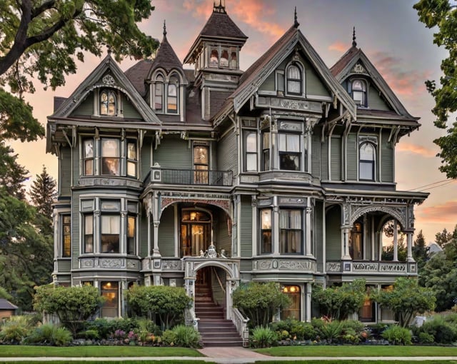 Victorian house with green exterior and red roof