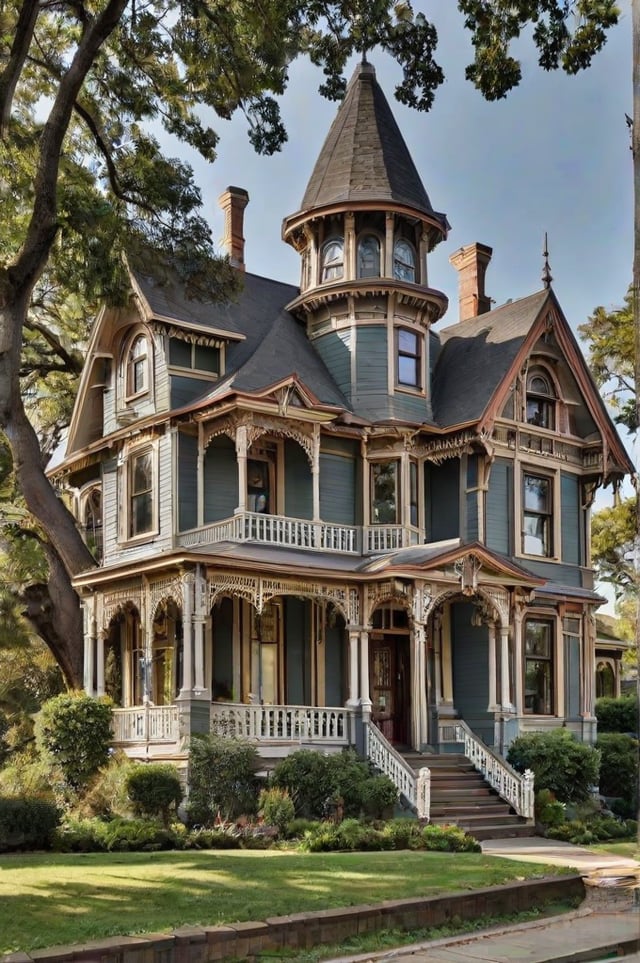 Victorian house exterior with a wrap around porch, steeple, and cupola.