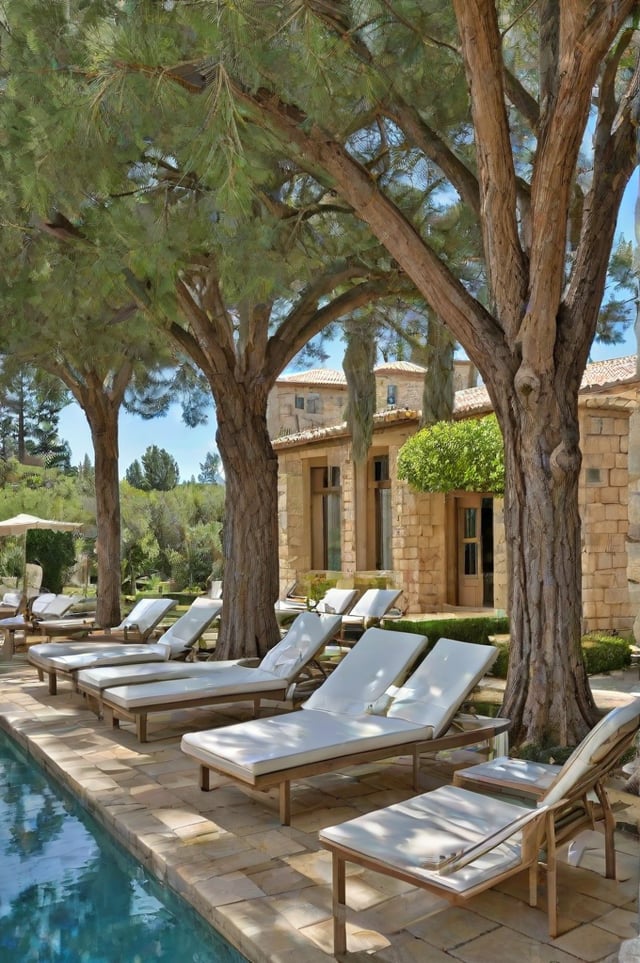 Mediterranean-style house exterior with a large pool and patio area, featuring numerous chairs and chaise lounges.