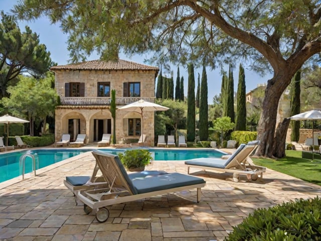 Mediterranean house exterior with pool and patio area