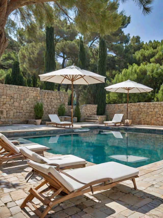 Mediterranean-style house exterior with a large swimming pool, white lounge chairs, and umbrellas.