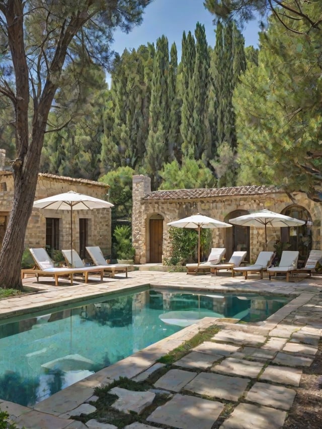 Mediterranean-style house with a pool and patio area. The patio is furnished with chairs and umbrellas.