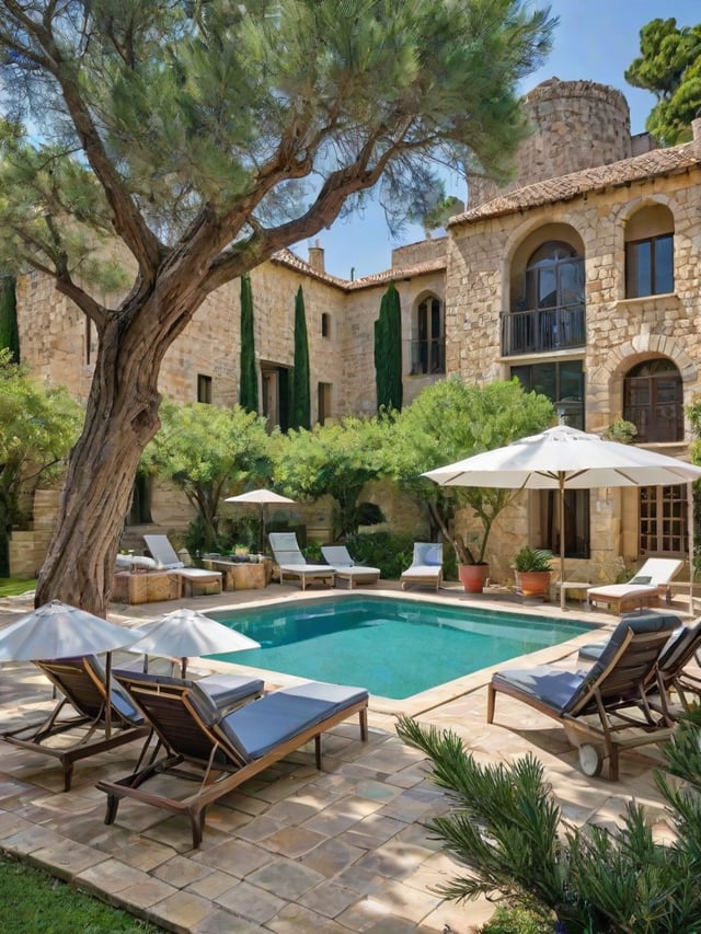 Mediterranean-style house with a pool, chairs, and umbrellas