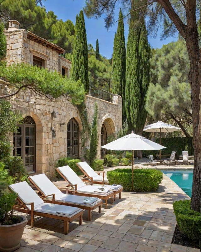 Mediterranean-style house with outdoor patio furniture and greenery