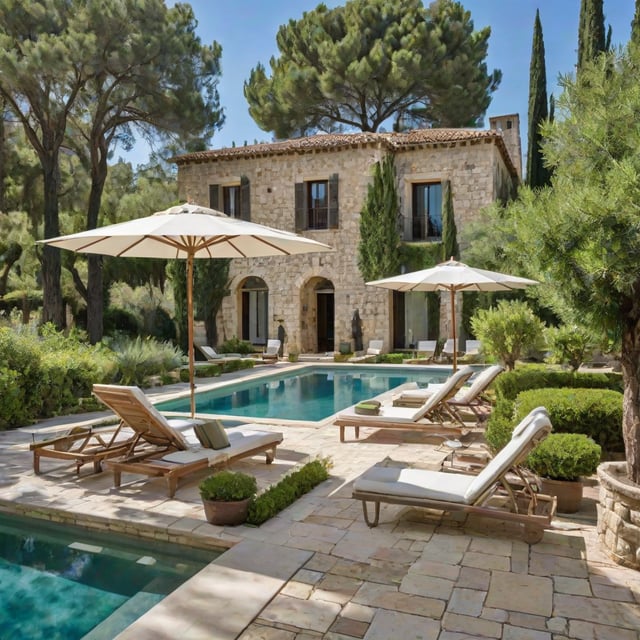 Mediterranean house exterior with pool and patio furniture