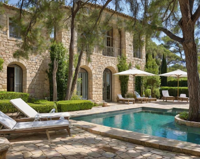 A Mediterranean-style house exterior with a pool, patio furniture, and a stone wall.