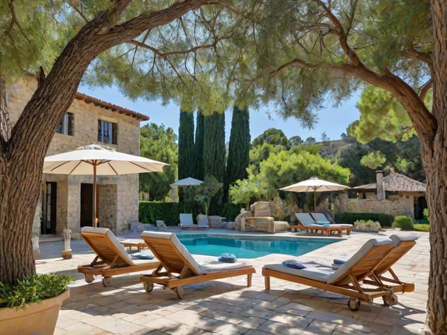 Mediterranean-style house with a pool and patio area, featuring several chairs and umbrellas.