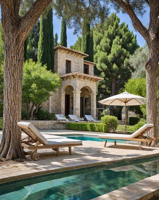 Mediterranean-style house with a pool and patio area, featuring a large white chair and couch under a large umbrella.