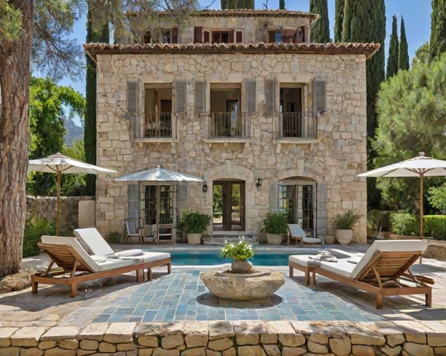 Mediterranean-style house with a pool and chairs