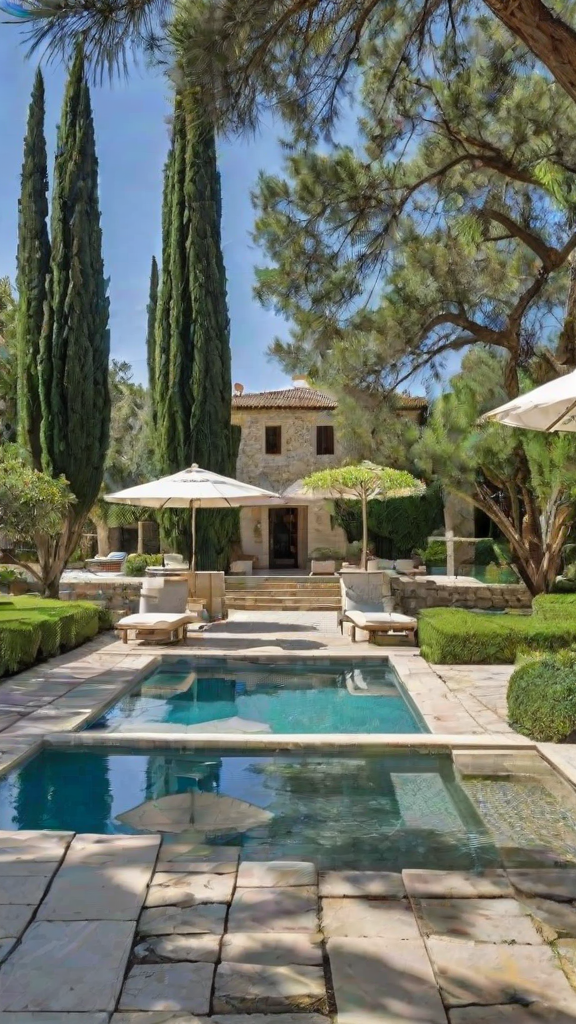 Mediterranean-style house with a large swimming pool and patio area. The patio is furnished with chairs and umbrellas, providing a comfortable outdoor space for relaxation and entertainment.