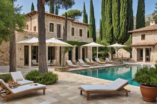 Mediterranean-style house with a large pool and patio area, featuring chairs and umbrellas for outdoor seating.