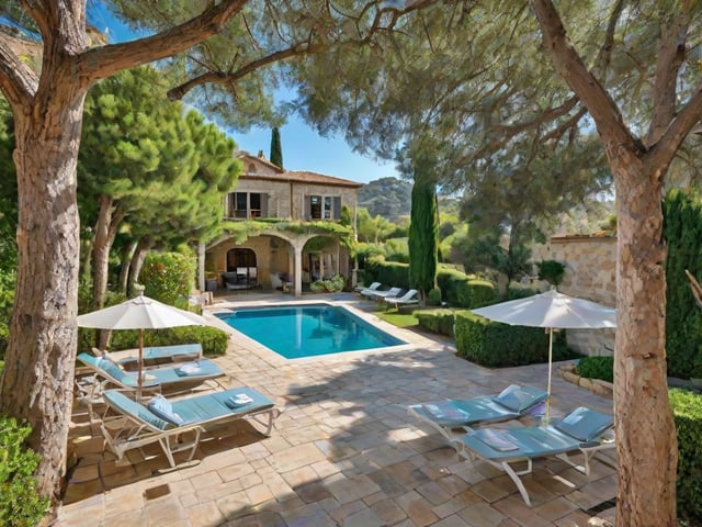 Mediterranean house exterior with pool and patio area