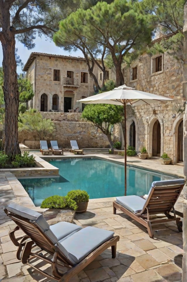 Mediterranean-style house exterior with pool, patio, and stone buildings