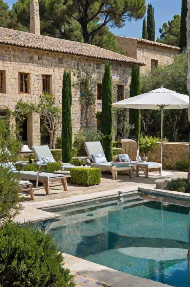 Mediterranean-style house exterior with a pool, patio, chairs, dining table, and potted plants