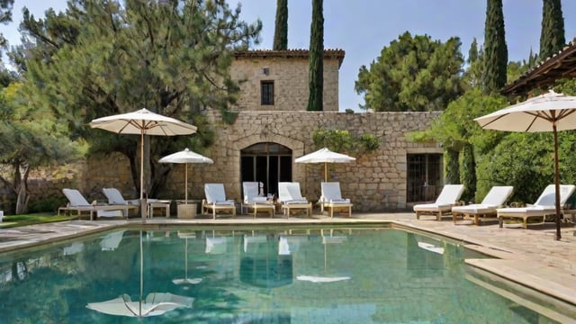 Mediterranean-style house exterior with a large swimming pool, chairs, and umbrellas