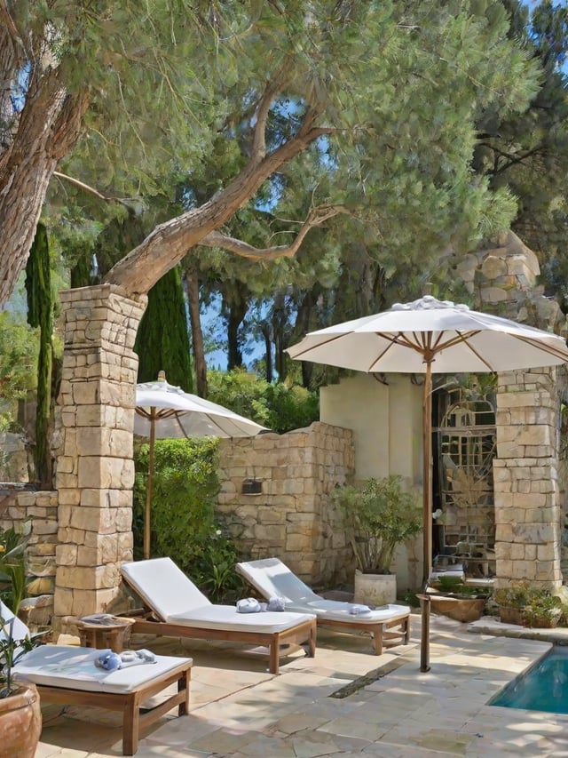 Mediterranean house exterior with a pool and patio area, featuring a white lounge chair and two umbrellas.