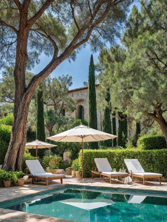 Mediterranean-style house with pool and patio area, featuring two white chairs and an umbrella.