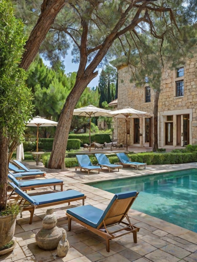 Mediterranean house exterior with pool and patio area