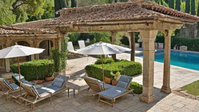 Mediterranean-style house exterior with patio furniture and a large umbrella