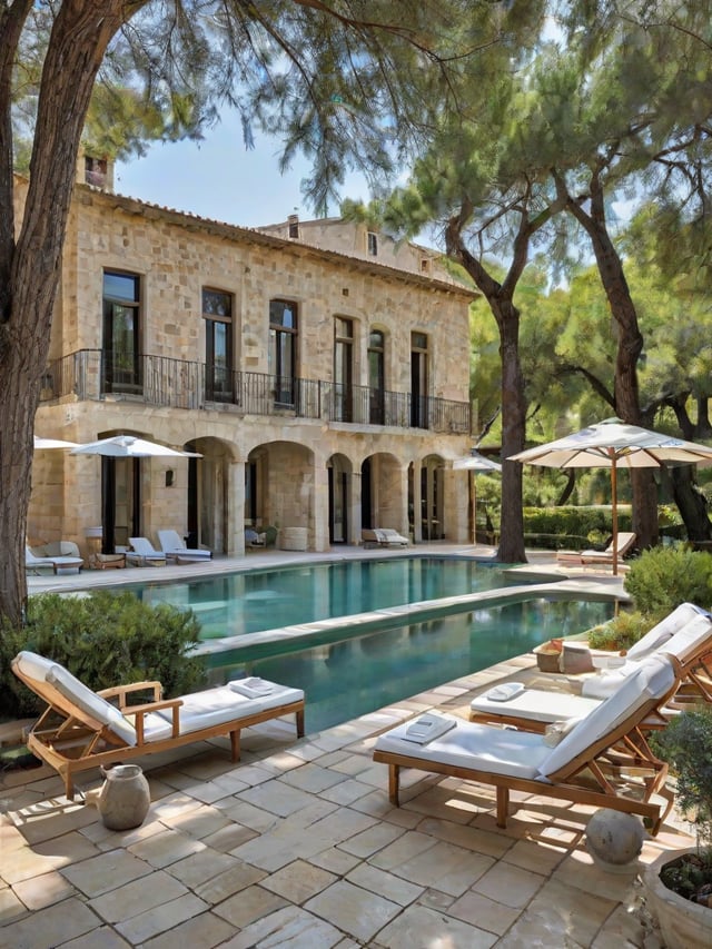 Mediterranean-style house with a large swimming pool and patio area, featuring chairs and umbrellas.