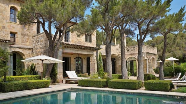 Mediterranean-style house with a pool and patio area. The house has a stone exterior and is surrounded by trees. The patio features a lawn chair and an umbrella.