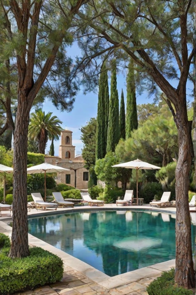 Mediterranean-style house with a pool and chairs under umbrellas