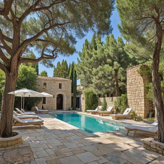 Mediterranean-style house with a large pool and patio area. The patio is furnished with several chairs and umbrellas, providing a comfortable outdoor space for relaxation and entertainment. The pool is surrounded by lush greenery, adding to the serene and inviting atmosphere of the backyard.