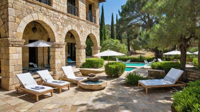 Mediterranean-style house with a large outdoor patio featuring a swimming pool, a fountain, and several chairs and umbrellas.