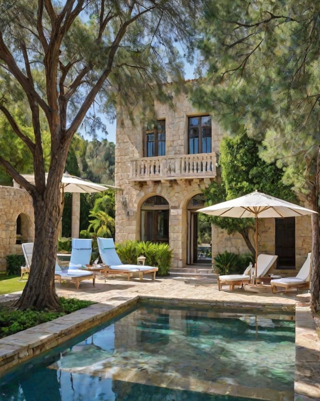 Mediterranean-style house with pool and patio area