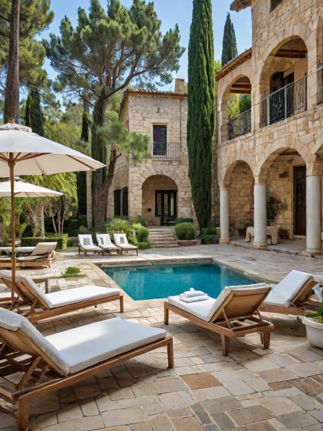 Mediterranean-style house exterior with a large pool and patio area, featuring several chairs and umbrellas.