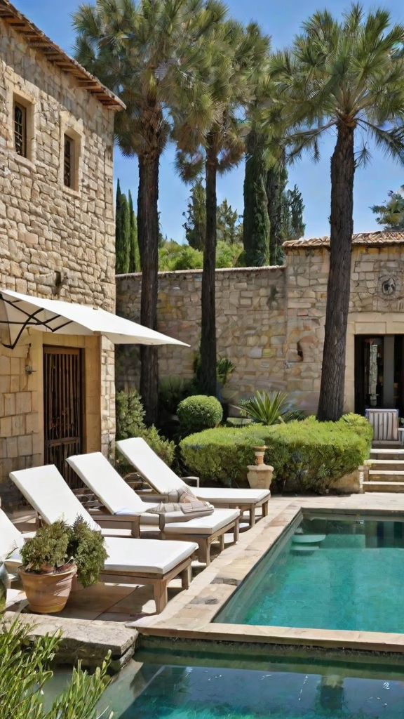 Mediterranean house exterior with pool, lounge chairs, and potted plants