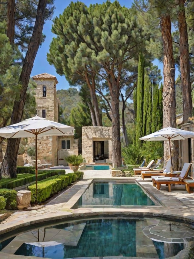 Mediterranean house exterior with pool, patio furniture, and trees