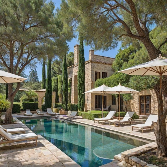 A Mediterranean-style house with a pool, chairs, and umbrellas in the backyard.