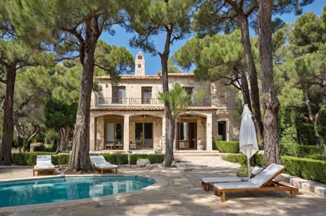 Mediterranean-style house with a pool, patio furniture, and trees in the background.