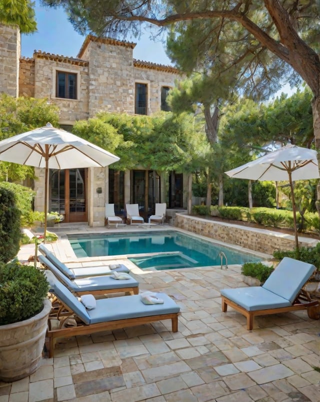 Mediterranean-style house exterior with a large pool and patio area, featuring chairs and umbrellas