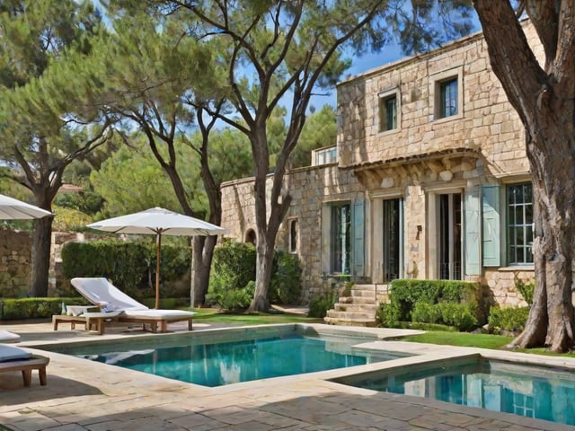 Mediterranean-style house with pool and patio area