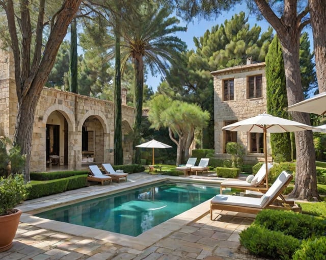 Mediterranean-style house with a swimming pool and chairs